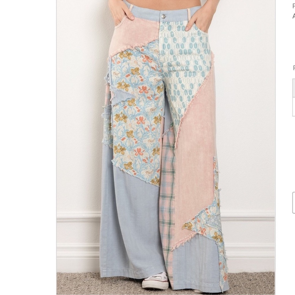 Blue Velvet Patchwork Wide-Leg Pants